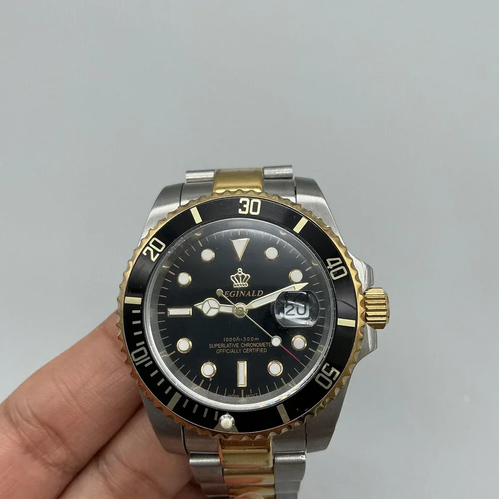 Reginald Mens Watch 42mm Black Dial Two Tone Diver Date New Battery 7.25